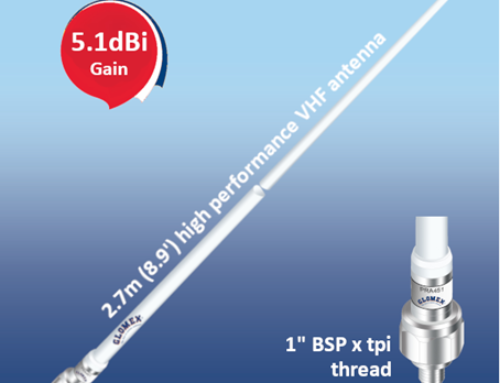 PRA461B – 2.7m (8.9’) high performance PROMARINE VHF antenna